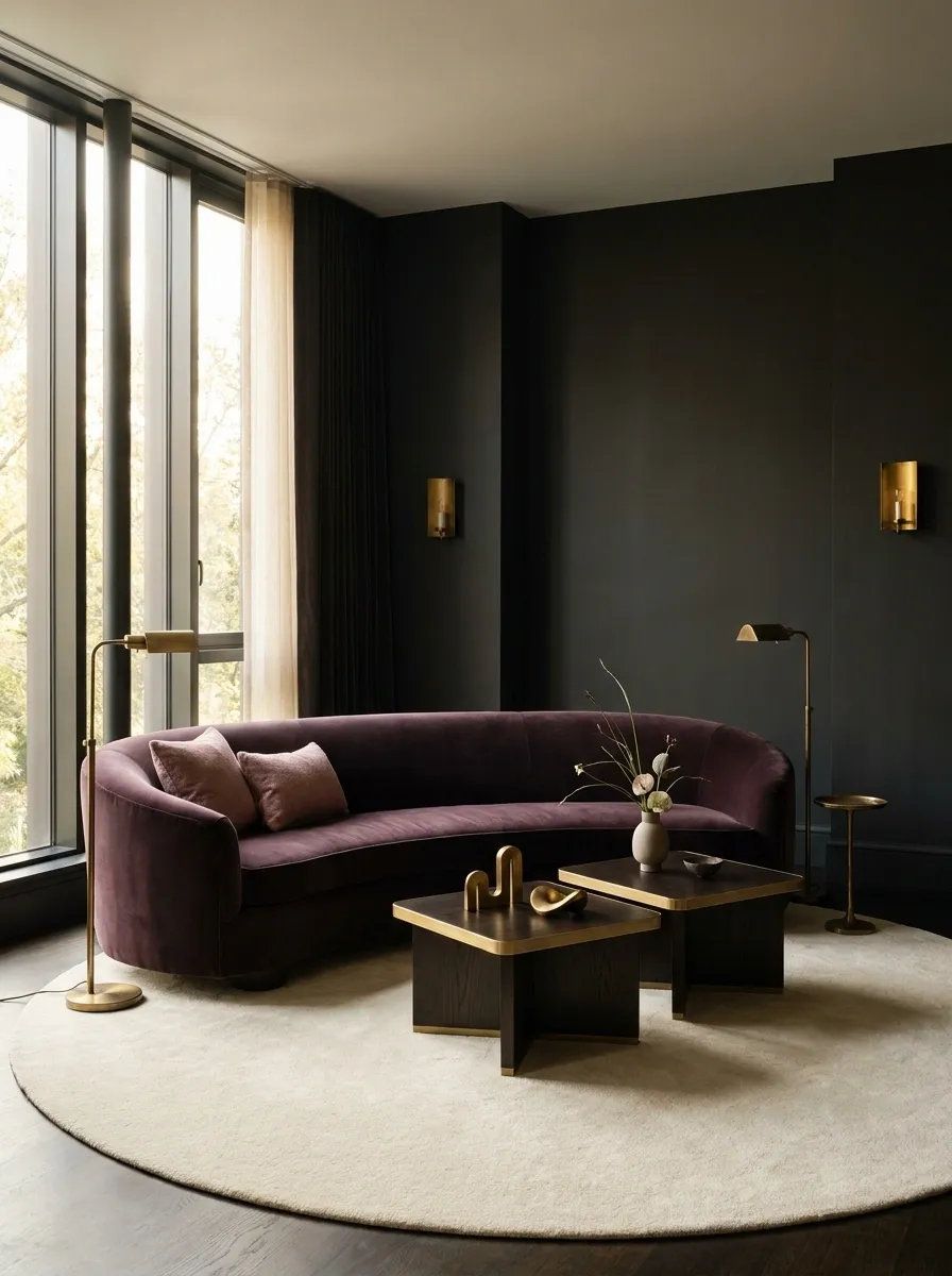 Charcoal Living Room With Plum Velvet and Antique Brass