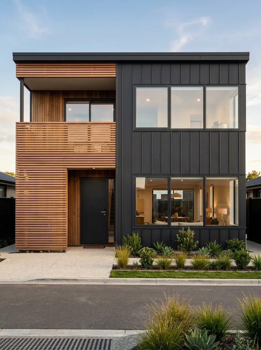 Charcoal Modern House With Cedar Privacy Screen