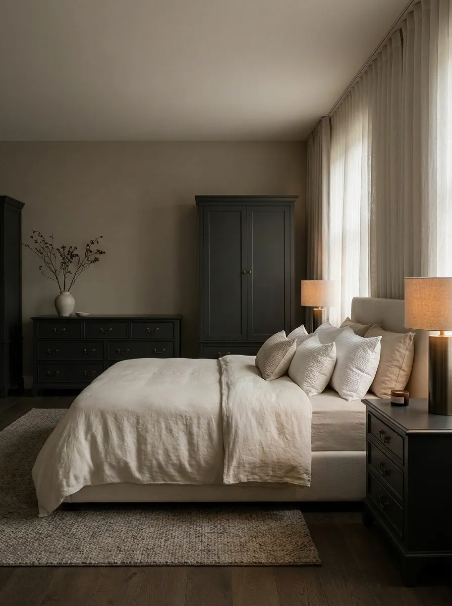 Charcoal Painted Furniture In A Moody Bedroom