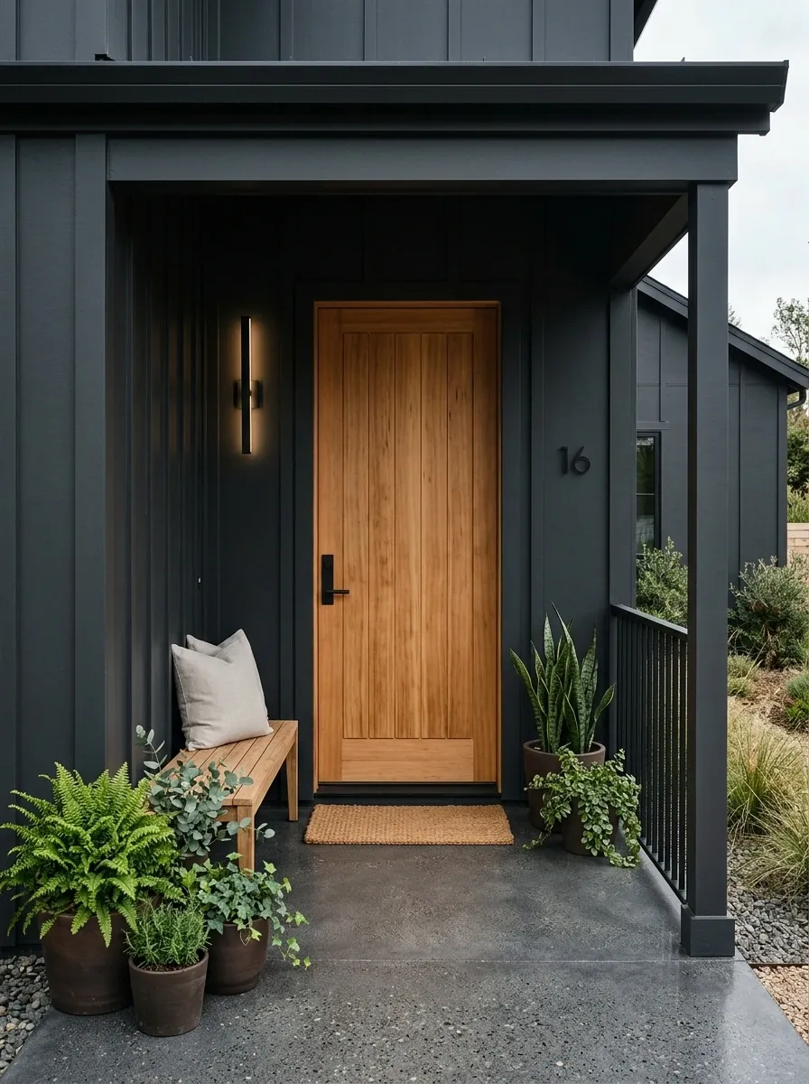 Charcoal Porch With Cedar and Muted Greenery