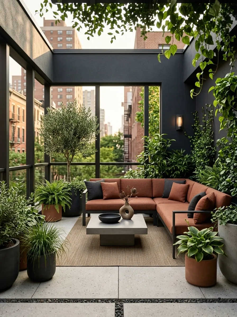 Charcoal, Rust, and Natural Green Patio