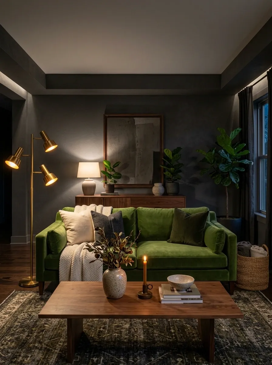 Charcoal Walls With Moss Sofa and Warm Layered Lighting