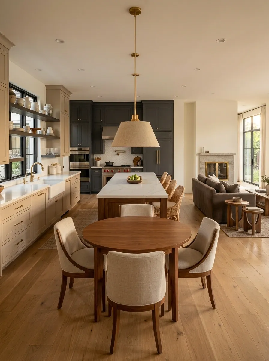 Charcoal, Warm Beige, and Chestnut Open Plan Kitchen