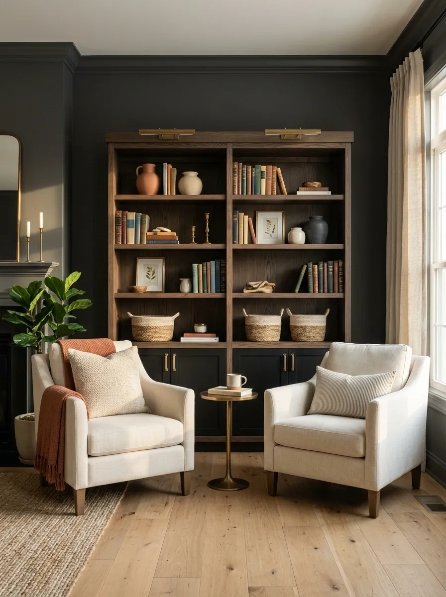 Cheap Bookshelf With Dark Backing and Collected Objects