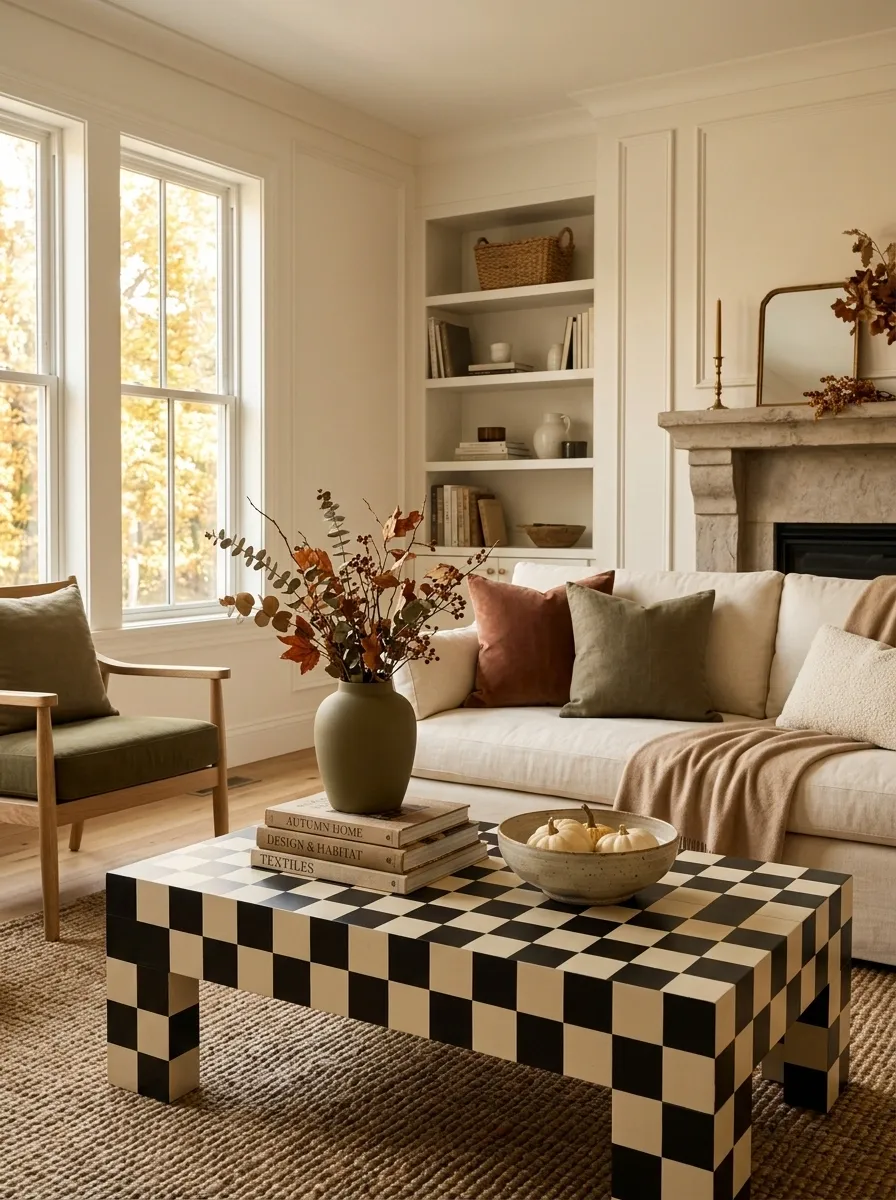 Checkerboard Coffee Table With Graphic Autumn Accents