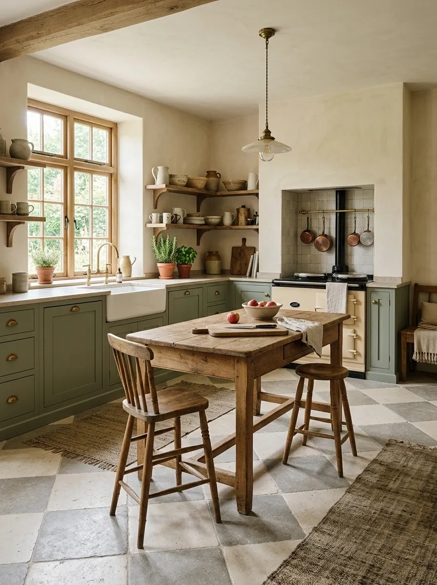 Checkerboard Floor With Green Cabinetry and Vintage Furniture