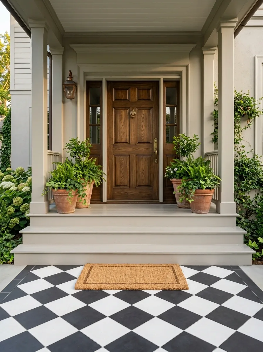 Checkerboard Porch Floor With Quiet Painted Steps