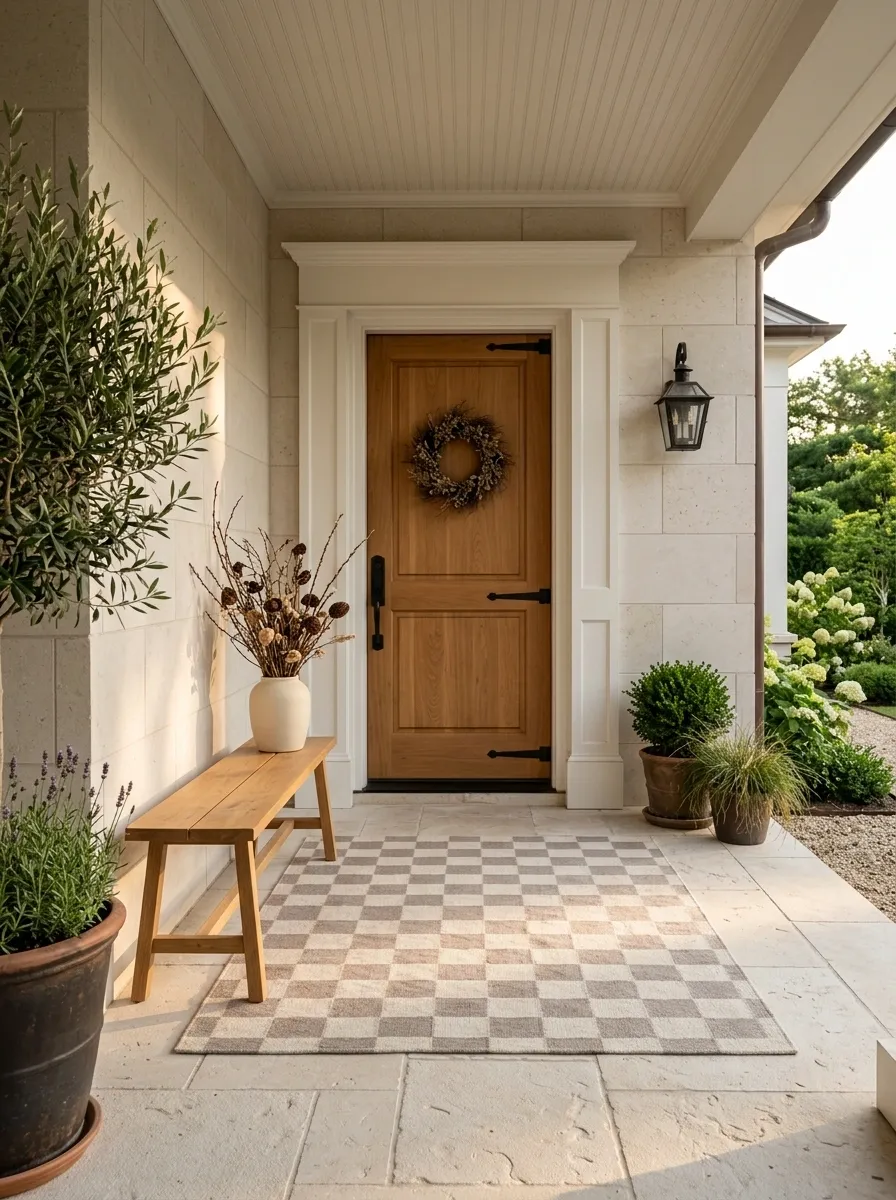 Checkerboard Rug With Pale Stone and Warm Wood