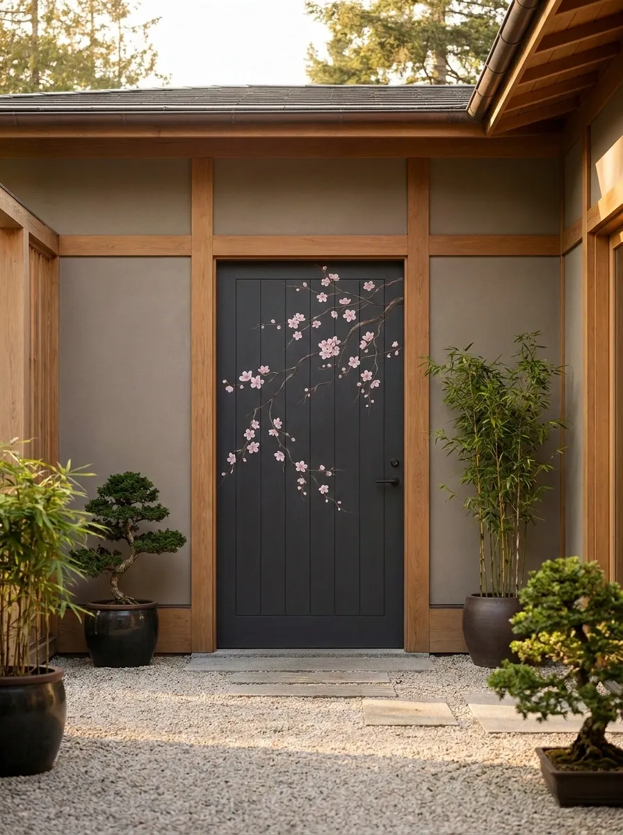 Cherry Blossom Door With Japanese-Inspired Courtyard