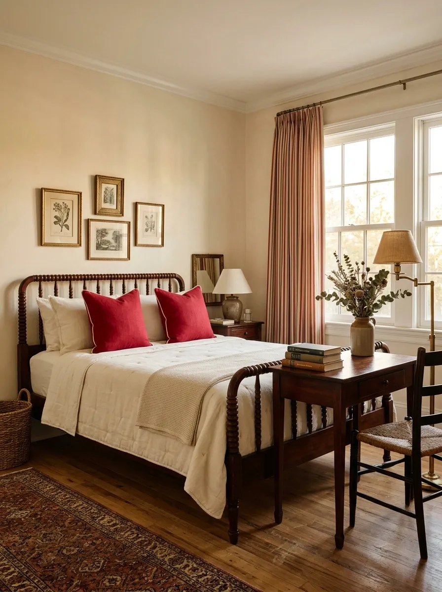 Cherry Red and Cream Bedroom With Vintage Personality