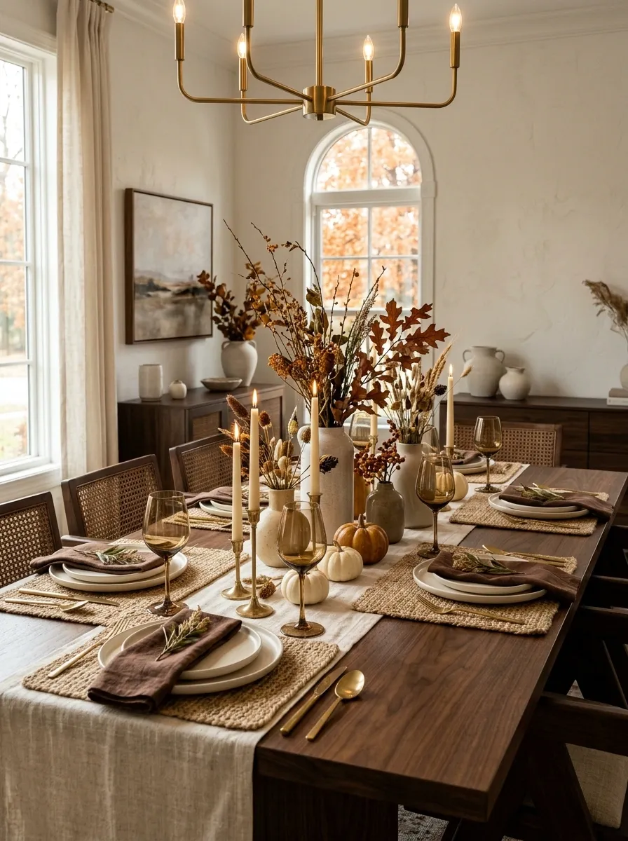 Chocolate Brown and Cream Tablescape With Layered Textiles