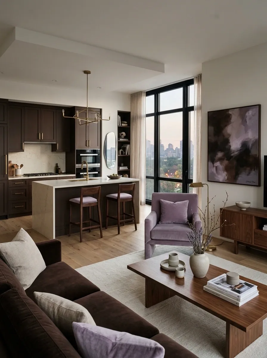 Chocolate Brown Kitchen and Living Room With Soft Lavender Accents