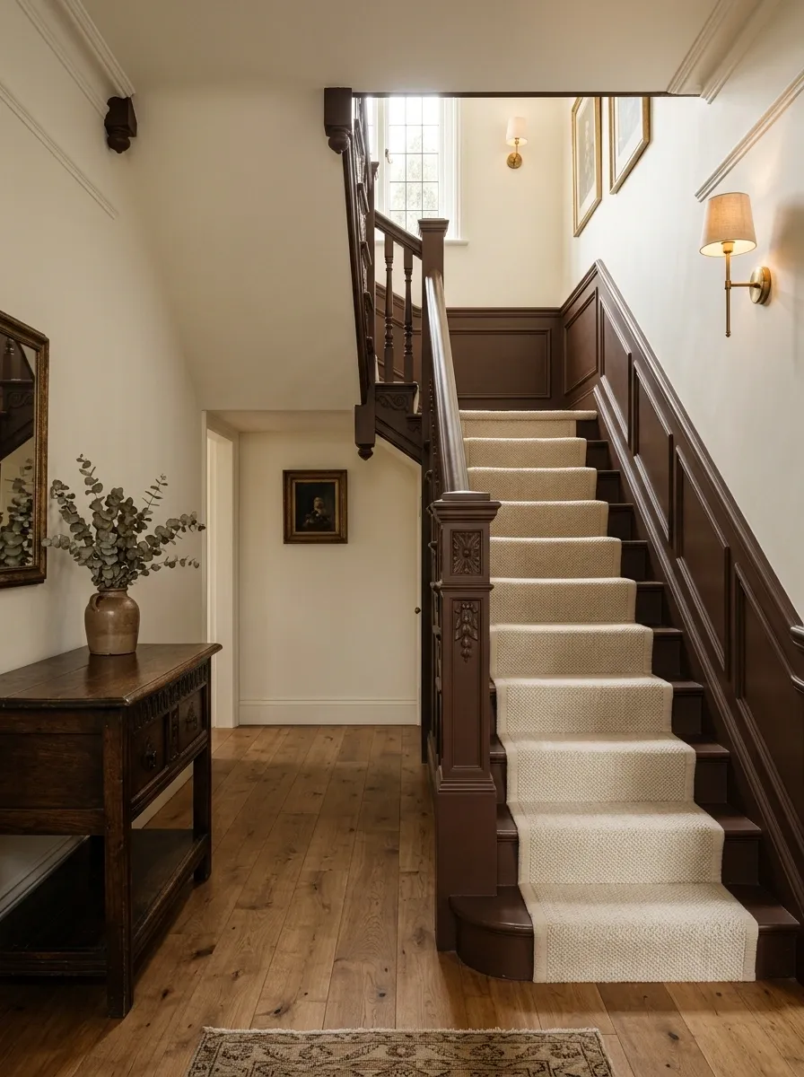 Chocolate Brown Staircase With Soft Ivory Walls