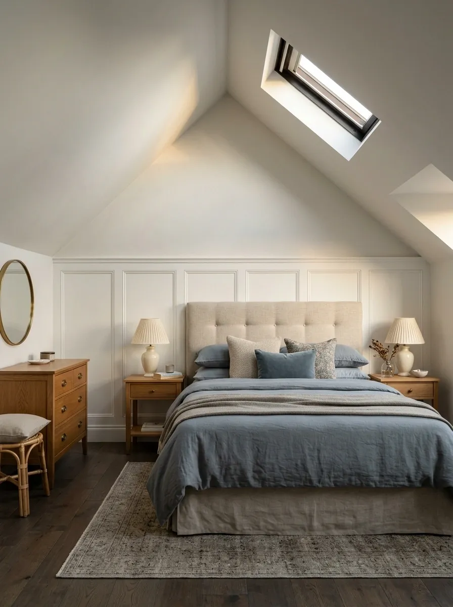 Classic Bedroom With Panelled Walls and a Sloped Ceiling