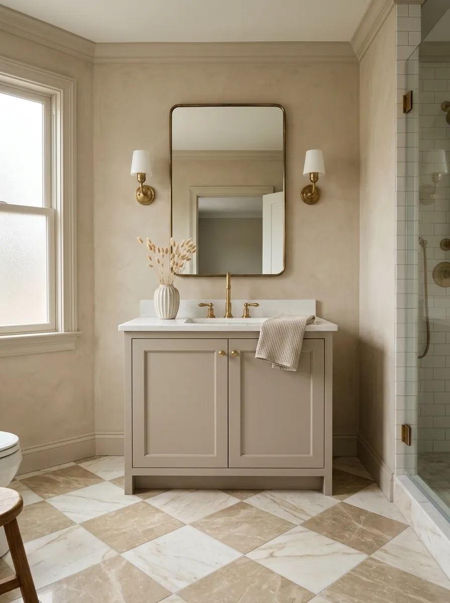 Classic Beige Checkerboard Bathroom With a Strong Floor Pattern