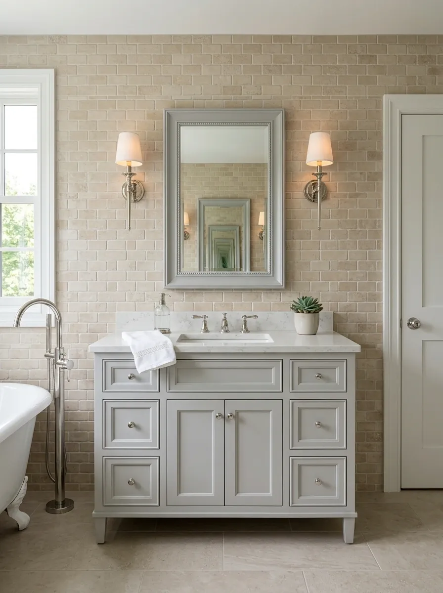 Classic Beige Tile Bathroom With Soft Grey Vanity