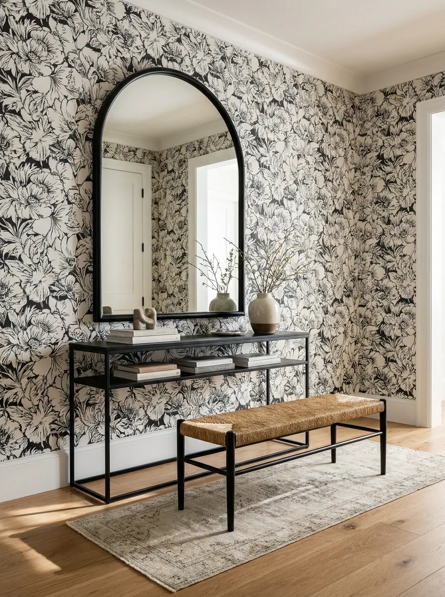 Classic Black-and-White Floral Entryway With Warm Wood
