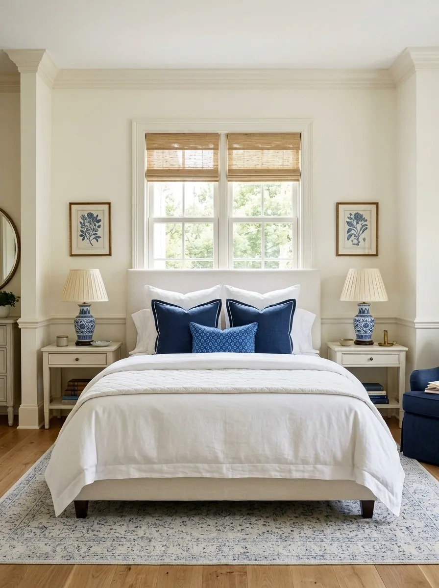 Classic Blue and White Bedroom With a Centered Window Composition