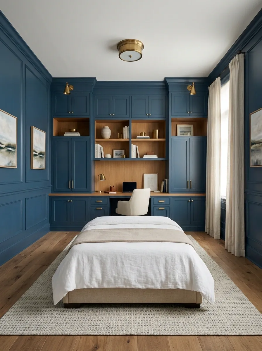 Classic Blue Guest Room With a Built-In Desk Between Storage Towers