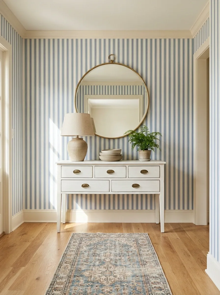 Classic Blue Stripe Entryway With Painted Furniture