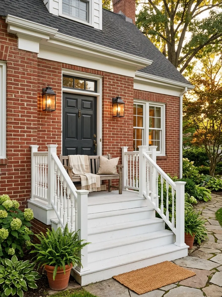 Classic Brick Porch With White Painted Steps