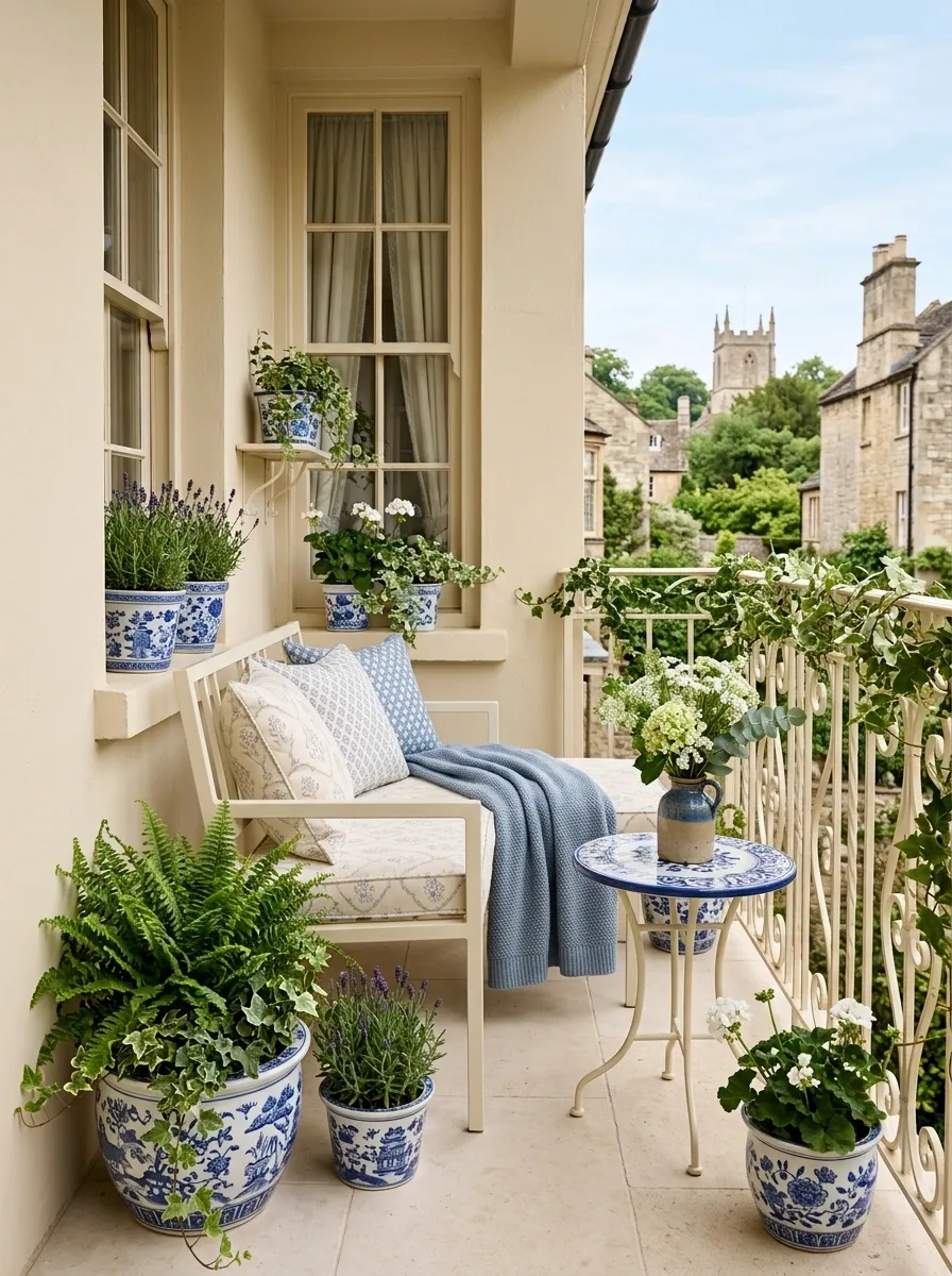 Classic Cream and Blue Balcony With Ceramic Details