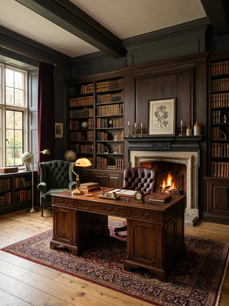 Classic Dark Academia Office With Fireplace and Library Wall