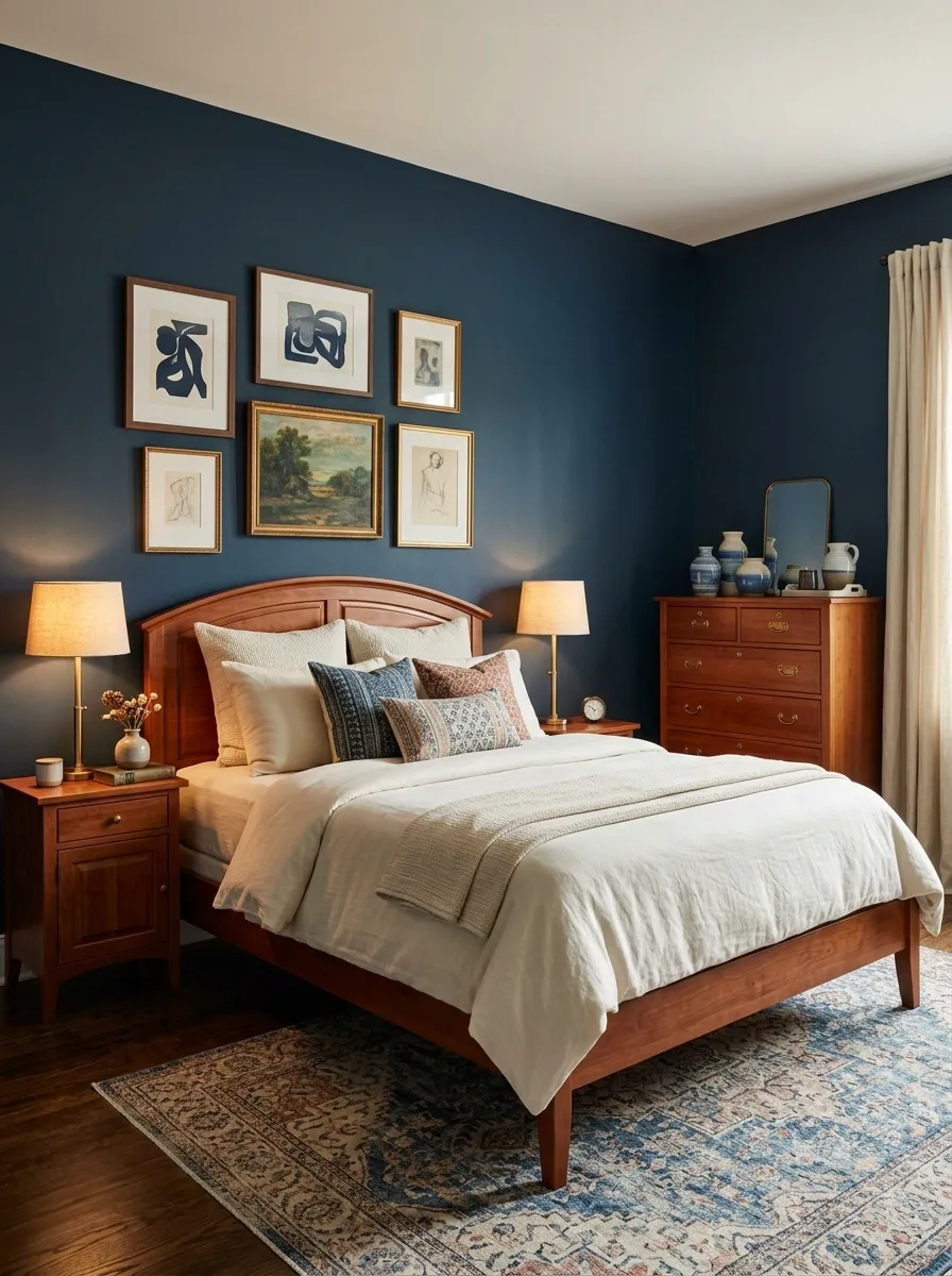 Classic Eclectic Bedroom With Blue Walls and Warm Cherry Furniture
