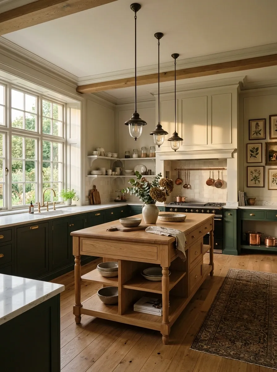 Classic English-Inspired Green Kitchen With a Freestanding Island