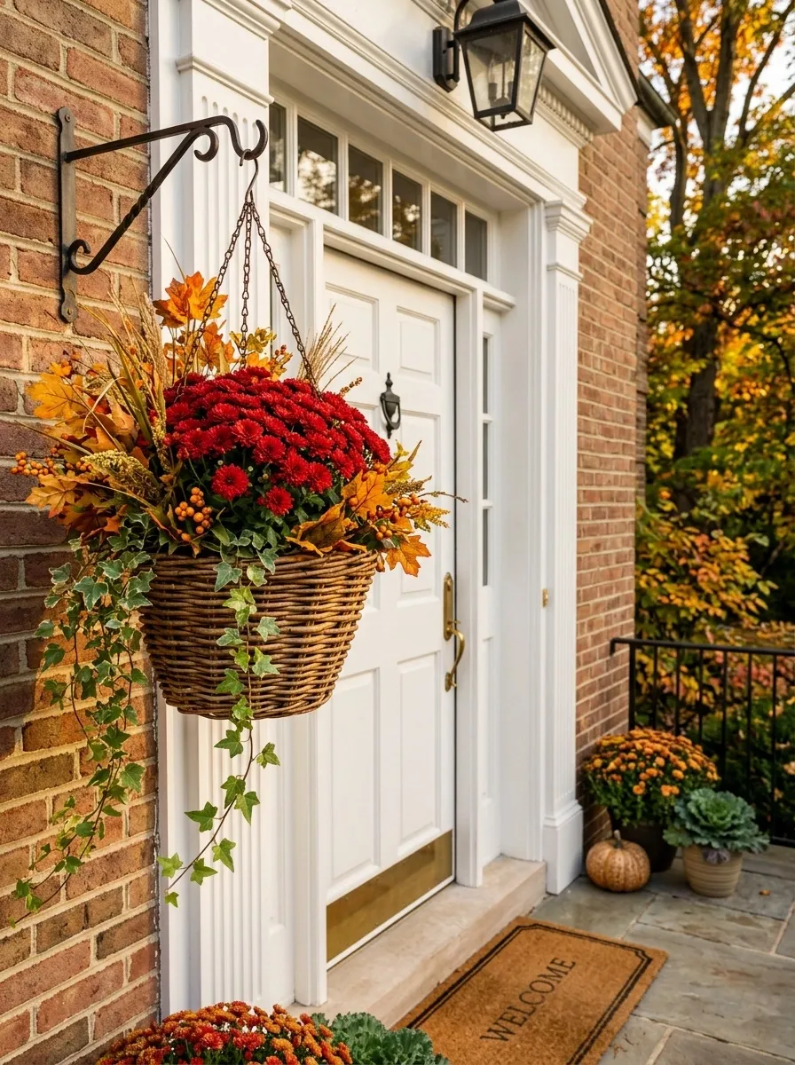 Classic Fall Basket With Red Mums And Golden Leaves