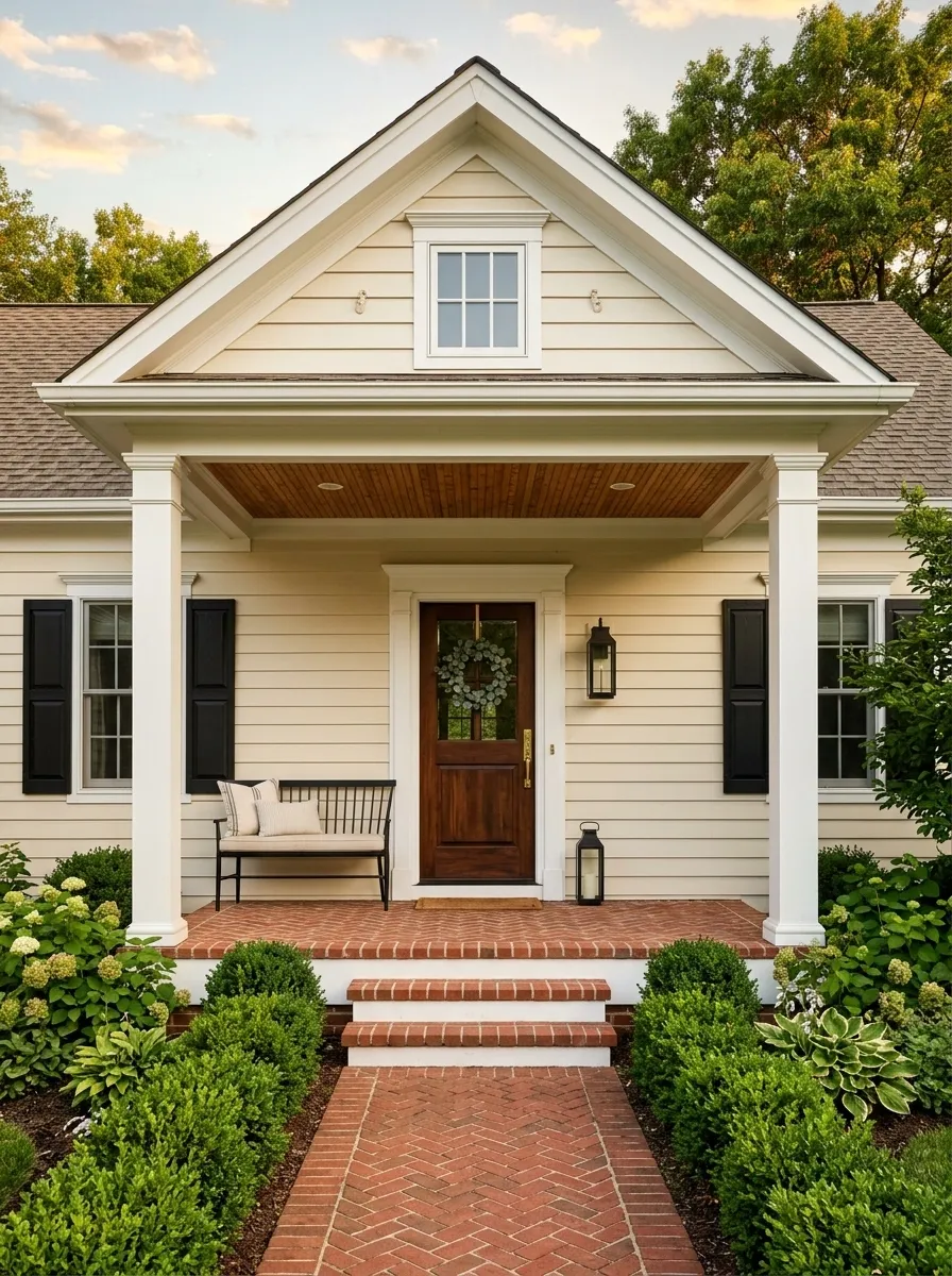 Classic Gable Porch With White Columns and Warm Wood Ceiling