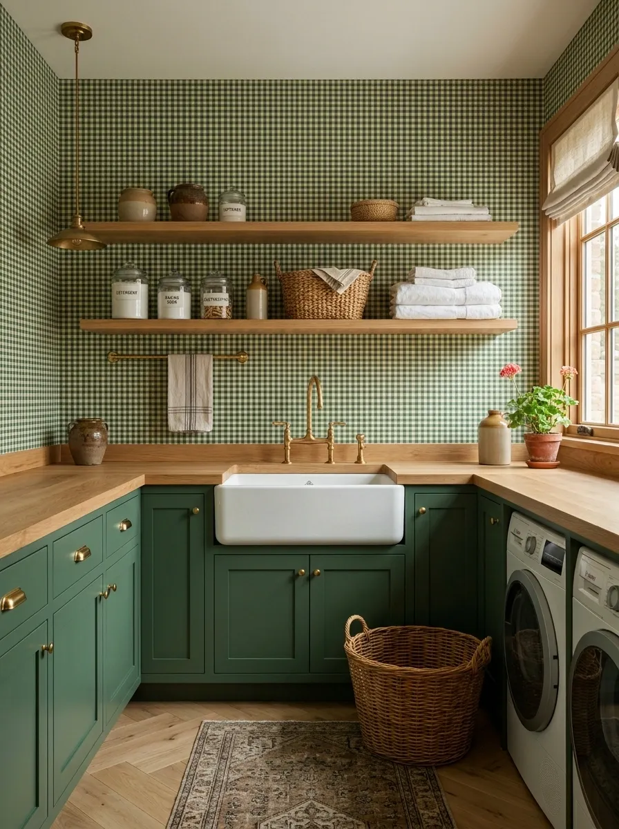 Classic Gingham Wallpaper With Forest Green Cabinetry