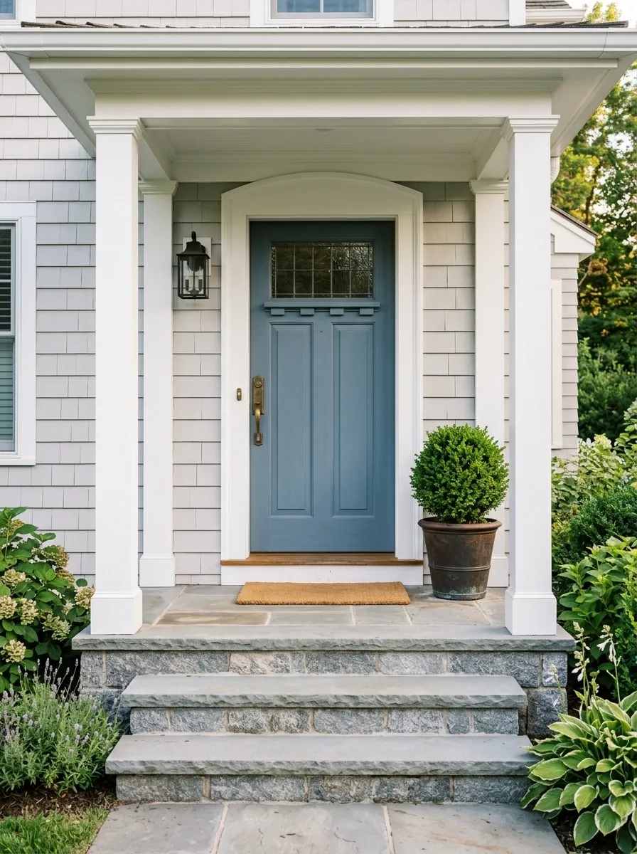 Classic Gray Steps With a Muted Blue Front Door