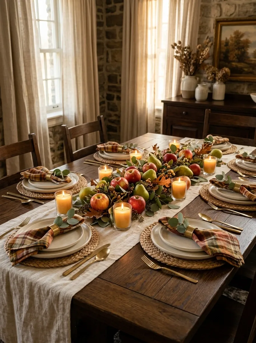 Classic Harvest Table With Apples, Pears, and Warm Plaid