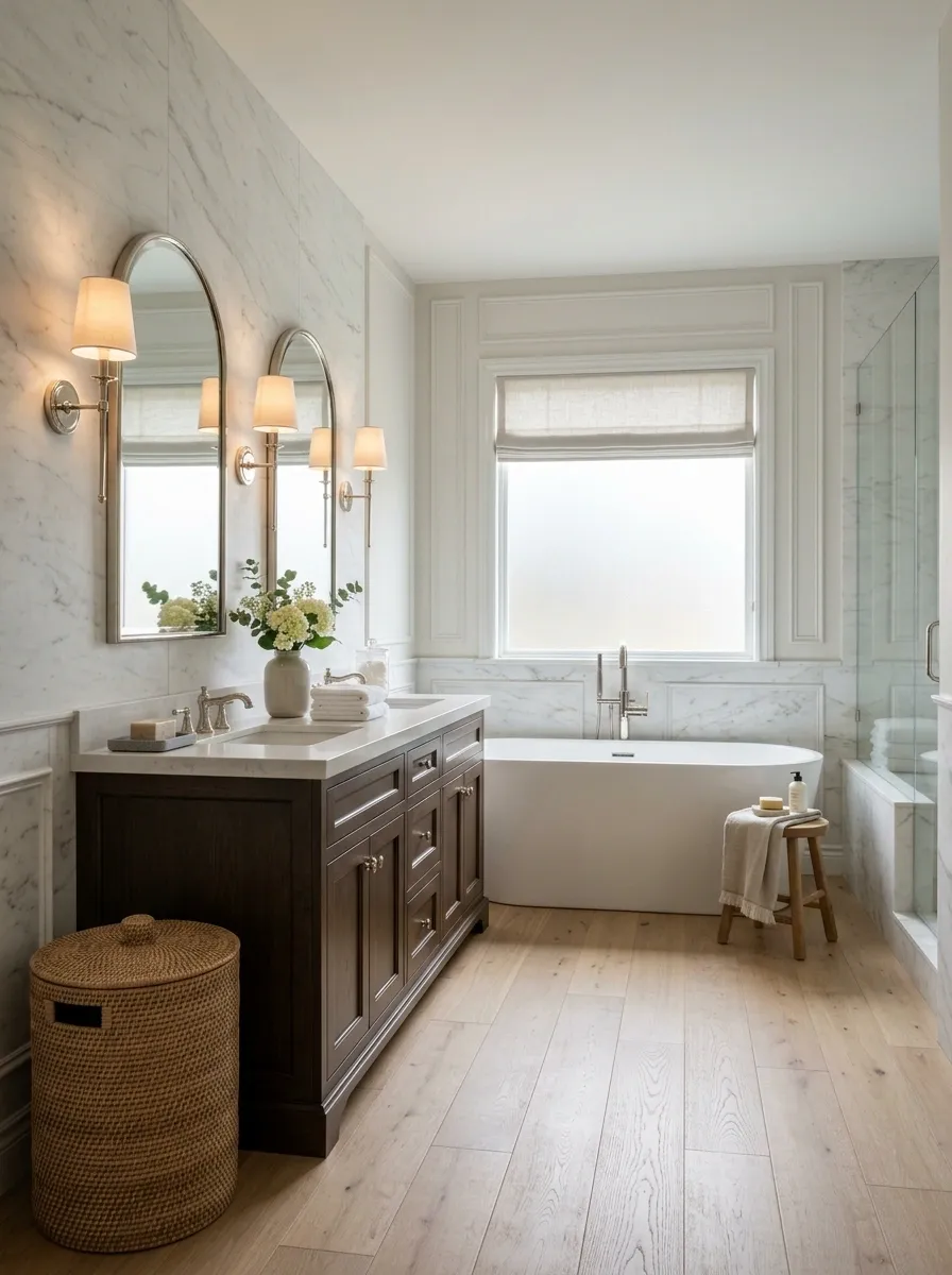 Classic Marble Bathroom With Dark Wood Cabinetry