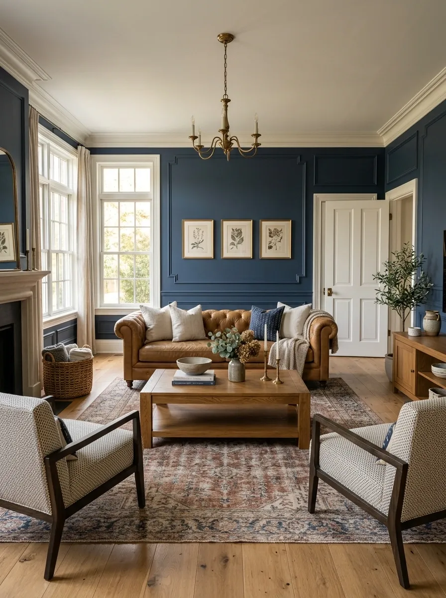 Classic Navy Living Room With Warm White Trim and Leather