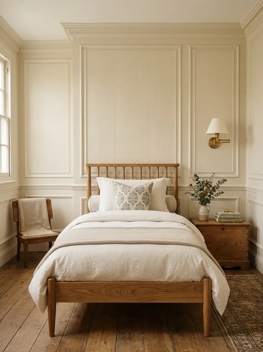 Classic Small Bedroom With Paneled Walls and Brass Details