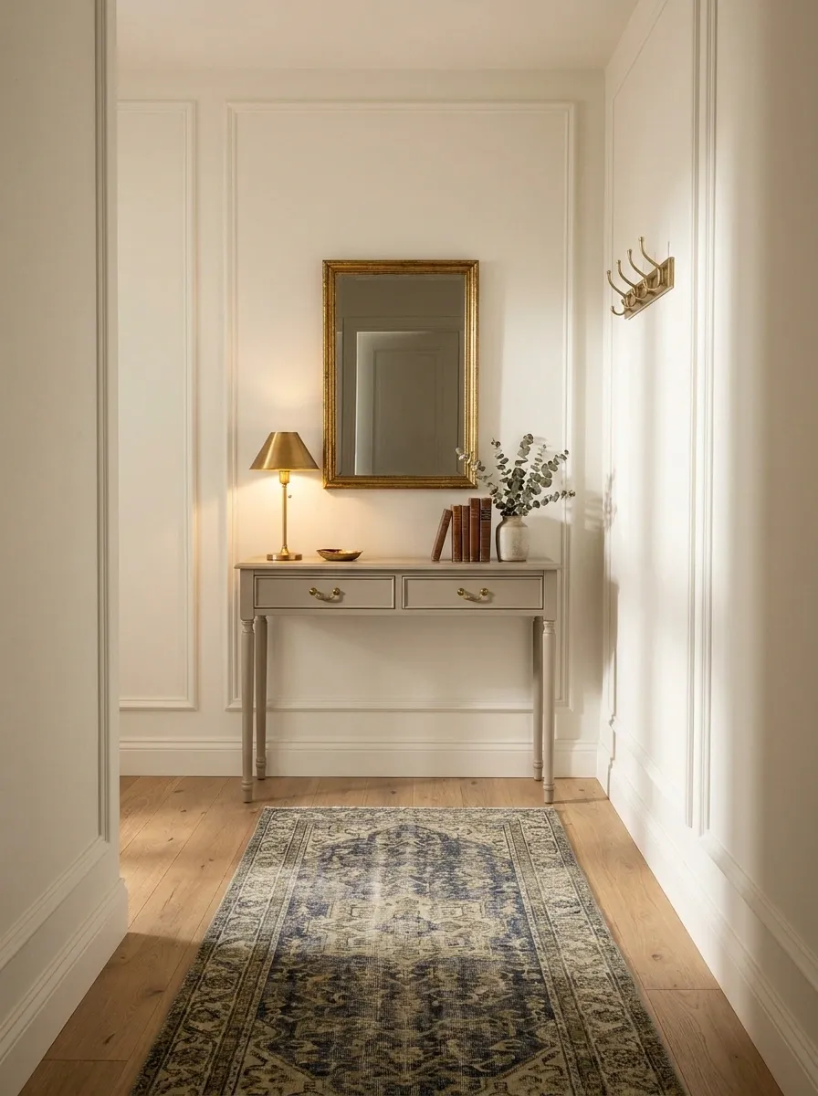 Classic Small Entryway With Panelled Walls and a Petite Console