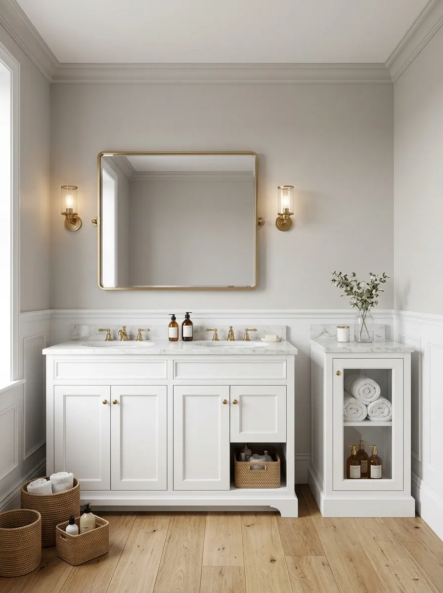 Classic White Bathroom With a Narrow Marble-Topped Cabinet