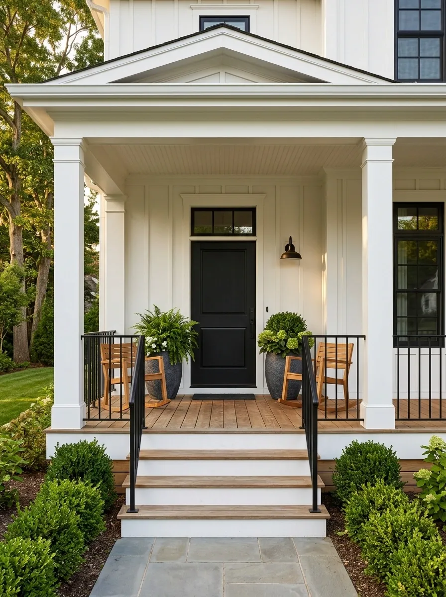 Classic White Porch With Black Railings and Symmetrical Planters