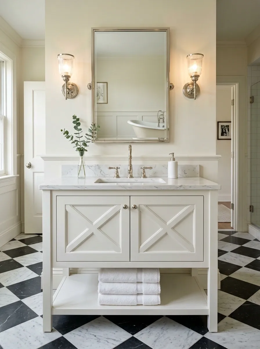 Classic White Vanity With Checkerboard Floor and Nickel