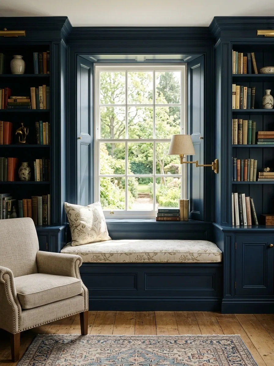Classic Window Seat With Deep Blue Millwork