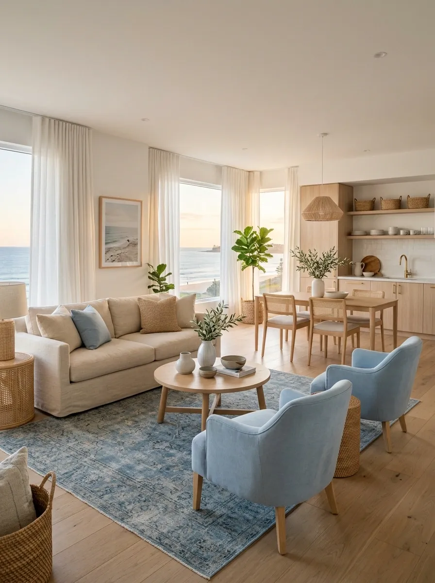 Coastal Apartment With Sand, Soft Blue, and Light Oak