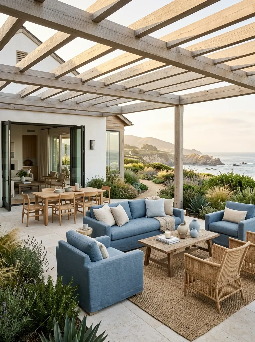 Coastal Back Patio With Pale Wood and Soft Blue Upholstery