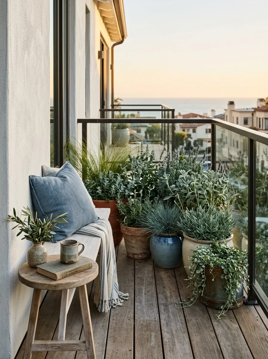 Coastal Balcony Garden With Whitewashed Wood and Blue-Green Plants