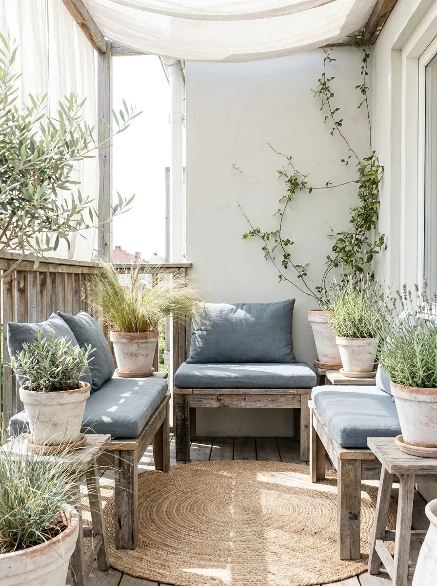 Coastal Balcony With Whitewashed Planters and Soft Grasses