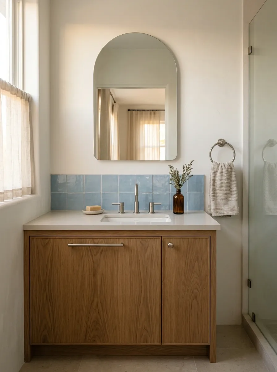 Coastal Bathroom Sink With White Oak and Soft Blue Tile