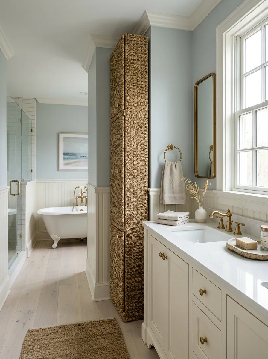 Coastal Bathroom With a Woven Storage Tower
