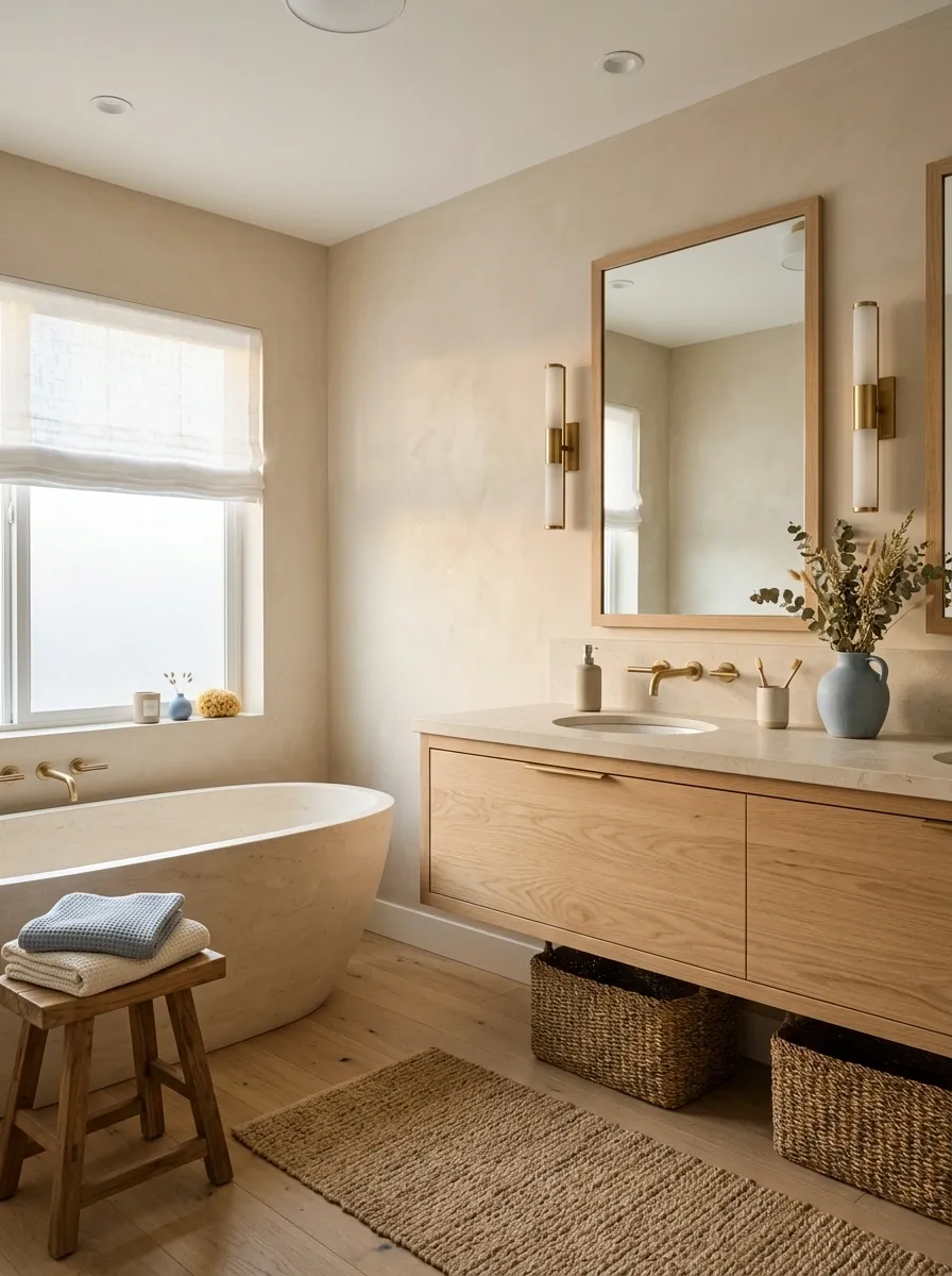Coastal Bathroom With Sandy Beige, White Oak, and Soft Blue