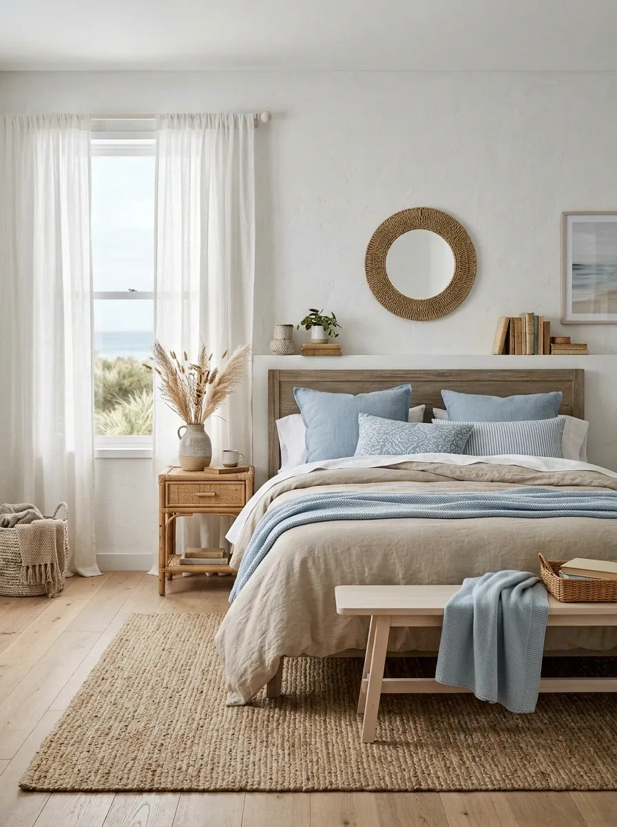 Coastal Bedroom With Sandy Neutrals and Pale Blue